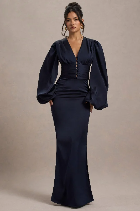 Helsinki | Navy Satin V-Neck Balloon Sleeve Maxi Dress Trendy A-Line Maxi Dress