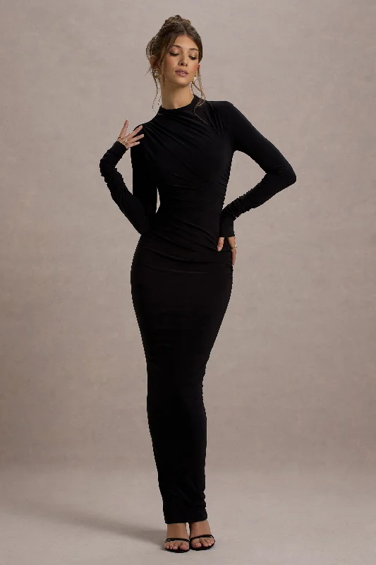 Hespera | Black High-Neck Long-Sleeve Gathered Maxi Dress Fashionable Sheer Maxi Dress Hespera | Black High-Neck Long-Sleeve Gathered Maxi Dress Fashionable Sheer Maxi Dress