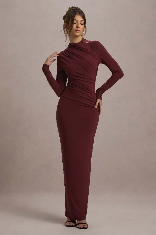 Hespera | Port High-Neck Long-Sleeve Gathered Maxi Dress Cozy Knitted Maxi Dress