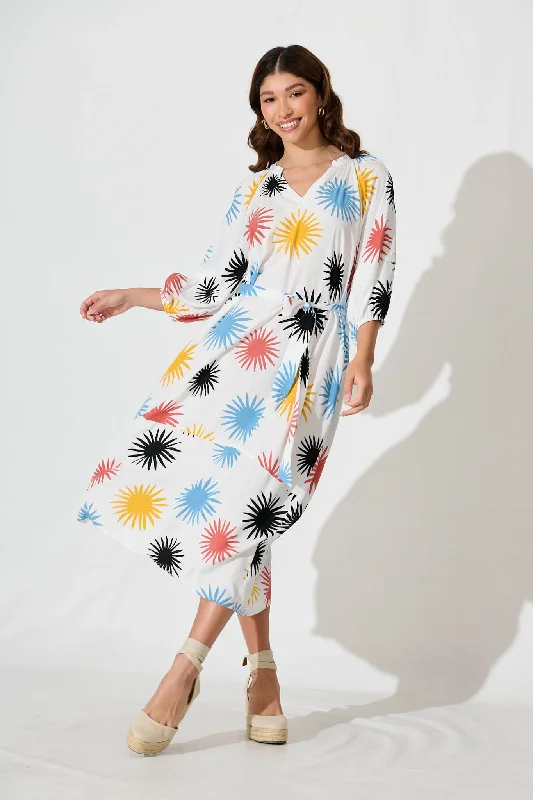 Hinsdale Maxi Dress In White With Multi Print Comfortable Cotton Maxi Dress