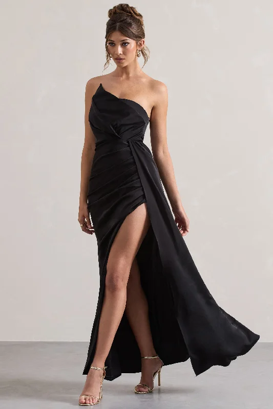 Hollywood | Black Satin Strapless Draped Maxi Dress Cozy Cold-Shoulder Maxi Dress