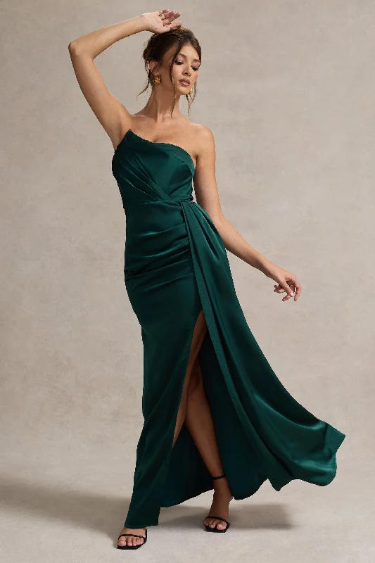Hollywood | Bottle Green Satin Strapless Draped Maxi Dress Trendy Button Front Maxi Dress Hollywood | Bottle Green Satin Strapless Draped Maxi Dress Trendy Button Front Maxi Dress