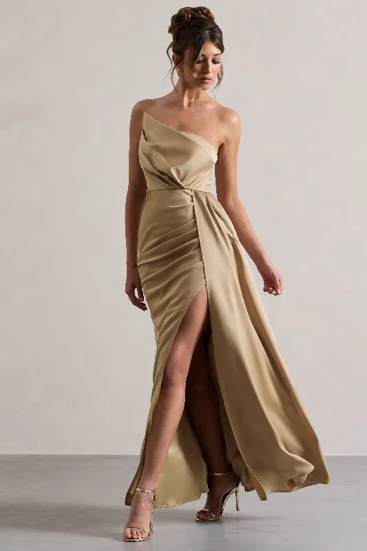 Hollywood | Champagne Satin Strapless Draped Maxi Dress Elegant Maxi Dress with Drapes Hollywood | Champagne Satin Strapless Draped Maxi Dress Elegant Maxi Dress with Drapes