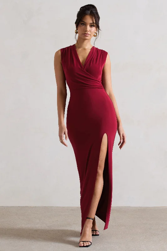 Honour | Berry V-Neck Split Maxi Dress With Cowl-Back Fashionable High-Waist Maxi Dress Honour | Berry V-Neck Split Maxi Dress With Cowl-Back Fashionable High-Waist Maxi Dress
