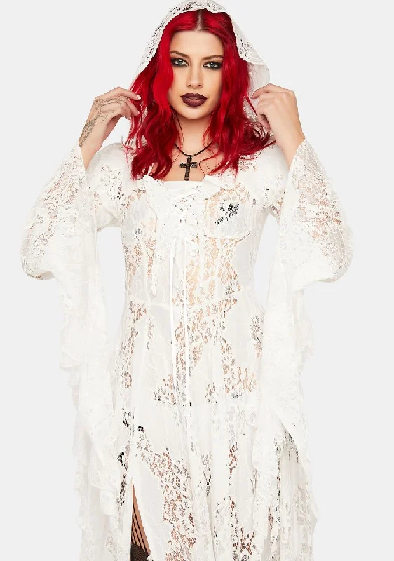 Hooded White Lace Maxi Dress Chic Sleeveless Maxi Dress