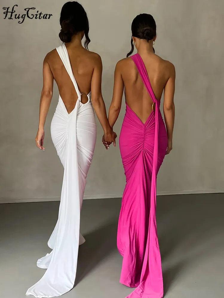 Elegant One-Shoulder Evening Gown: Luxe Maxi Dress with Backless Detail Stylish Empire Waist Maxi Dress Elegant One-Shoulder Evening Gown: Luxe Maxi Dress with Backless Detail Stylish Empire Waist Maxi Dress