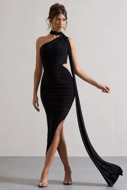 Icon | Black One Shoulder Cut-Out Maxi Dress With Scarf Comfortable Casual Maxi Dress Icon | Black One Shoulder Cut-Out Maxi Dress With Scarf Comfortable Casual Maxi Dress