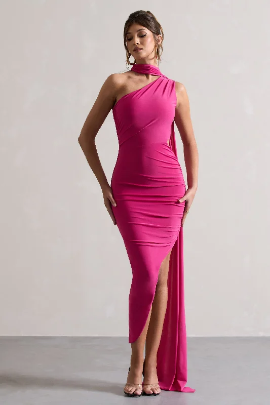 Icon | Dark Pink One Shoulder Cut-Out Maxi Dress With Scarf Comfortable Flowy Maxi Dress Icon | Dark Pink One Shoulder Cut-Out Maxi Dress With Scarf Comfortable Flowy Maxi Dress