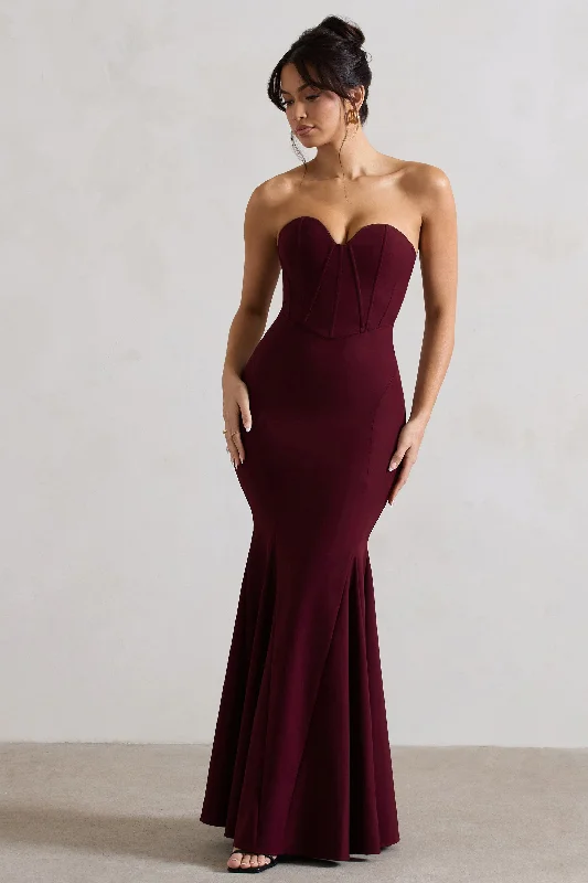 Idyllic | Burgundy Strapless Corset Style Fishtail Maxi Dress Classic Tulle Maxi Dress Idyllic | Burgundy Strapless Corset Style Fishtail Maxi Dress Classic Tulle Maxi Dress