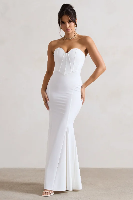 Idyllic | Cream Strapless Corset Style Fishtail Maxi Dress Stylish Maxi Dress with Frills Idyllic | Cream Strapless Corset Style Fishtail Maxi Dress Stylish Maxi Dress with Frills