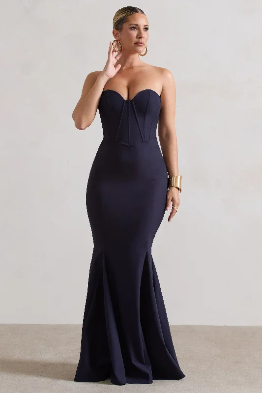 Idyllic | Navy Strapless Corset Style Fishtail Maxi Dress Elegant Lace-Up Maxi Dress Idyllic | Navy Strapless Corset Style Fishtail Maxi Dress Elegant Lace-Up Maxi Dress