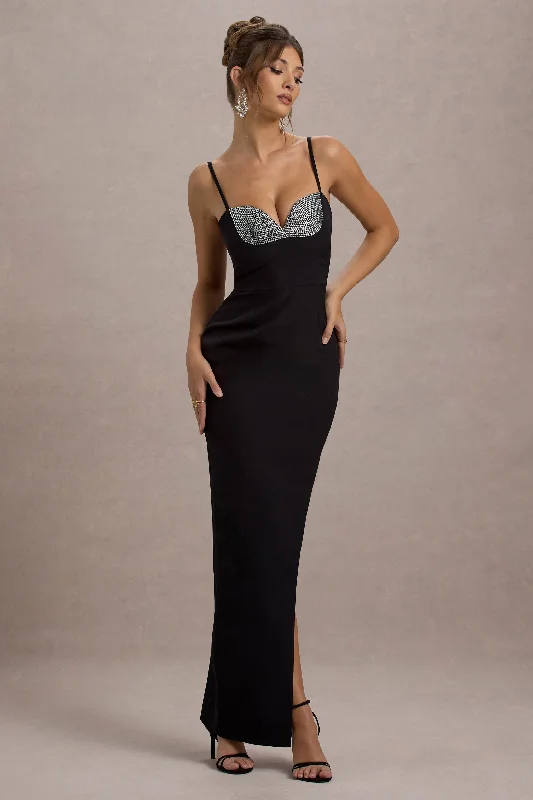 Ignacia | Black Asymmetric Maxi Dress With Hotfix Detail Trendy Maxi Dress with Straps Ignacia | Black Asymmetric Maxi Dress With Hotfix Detail Trendy Maxi Dress with Straps