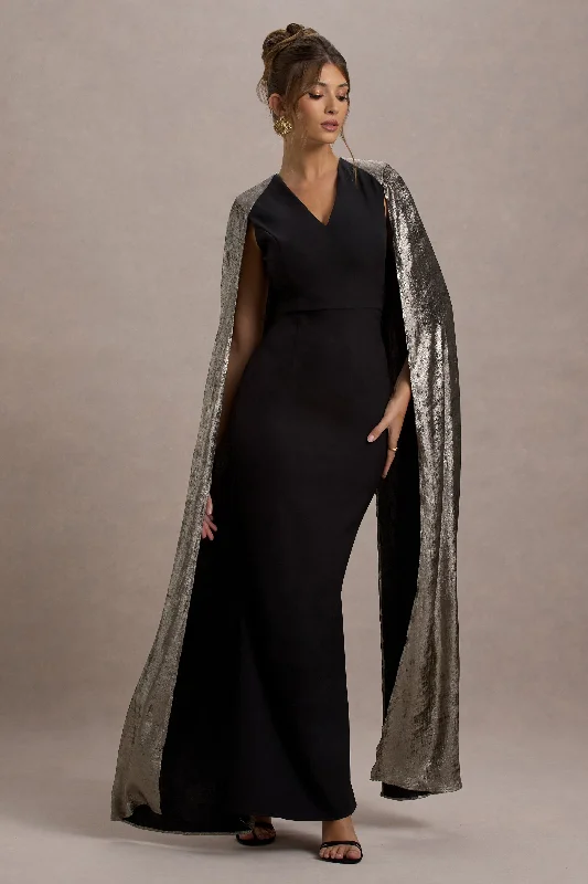 Ilenia | Black V-Neck Maxi Dress With Metallic Cape Stylish A-Line Maxi Dress