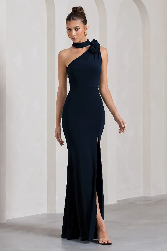 In Suspense | Navy One Shoulder Halter-Neck Split Maxi Dress With Flower Fashionable High-Waist Maxi Dress