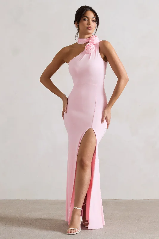 In Suspense | Pink One Shoulder Halter-Neck Split Maxi Dress With Flower Classic Black Maxi Dress In Suspense | Pink One Shoulder Halter-Neck Split Maxi Dress With Flower Classic Black Maxi Dress