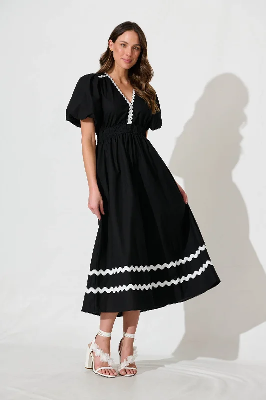 Indi Maxi Dress In Black With White Ric Rac Trim Cotton Elegant Wraparound Maxi Dress Indi Maxi Dress In Black With White Ric Rac Trim Cotton Elegant Wraparound Maxi Dress