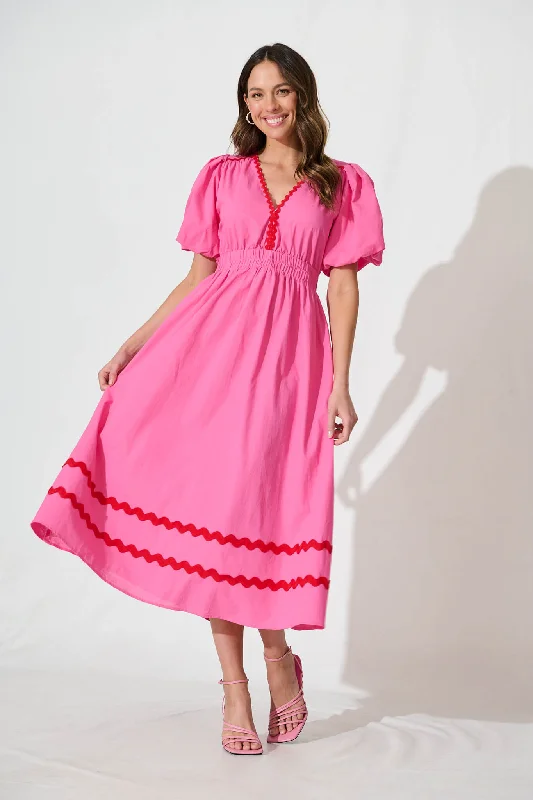 Indi Maxi Dress In Pink With Red Ric Rac Trim Cotton Fashionable Printed Maxi Dress