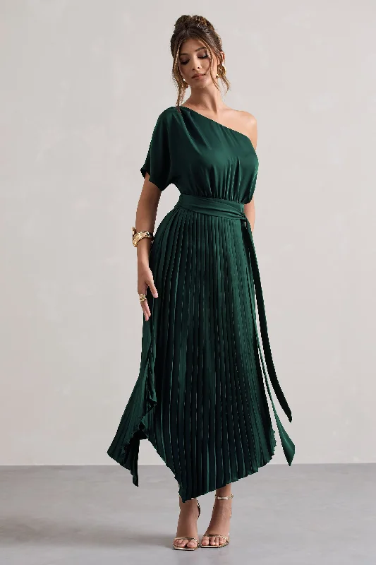 India | Bottle Green Satin Asymmetric Plisse Maxi Dress Fashionable Chiffon Maxi Dress India | Bottle Green Satin Asymmetric Plisse Maxi Dress Fashionable Chiffon Maxi Dress