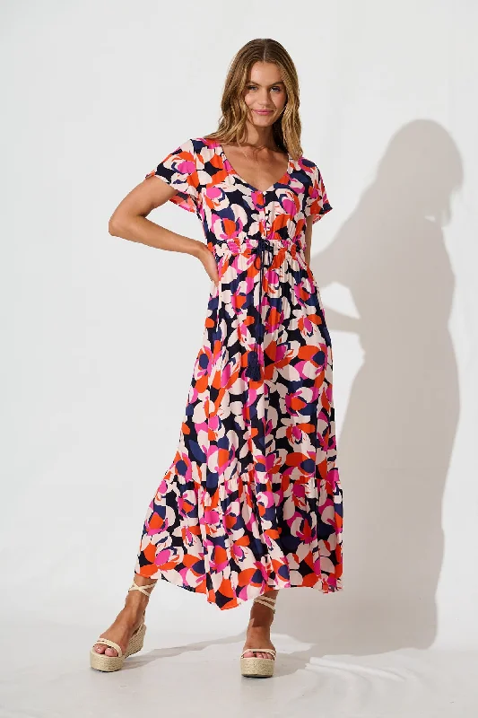 Ingra Maxi Dress In Navy With Multi Print Trendy Maxi Dress with Bow
