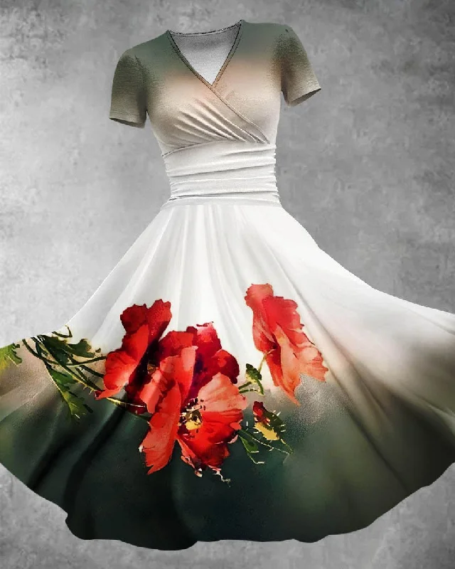 Ink Contrasting Red Flower Maxi Dress Chic Off-Shoulder Maxi Dress