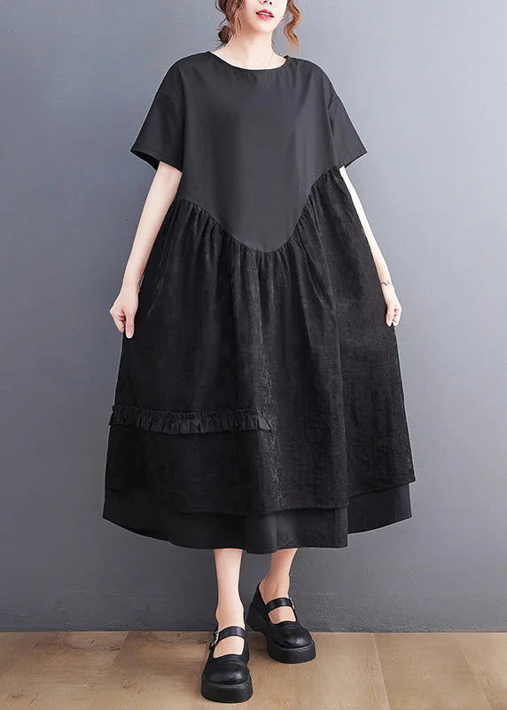 Jacquard Black Patchwork Wrinkled Maxi Dresses Summer Cozy Knit Maxi Dress