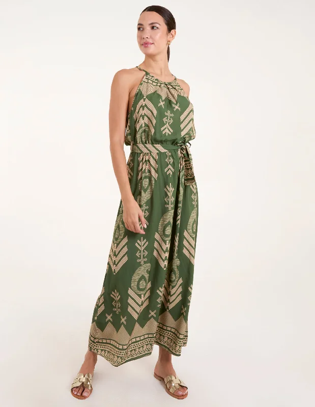 Aztec Halter Neck Belted Maxi Dress Comfortable Bohemian Maxi Dress