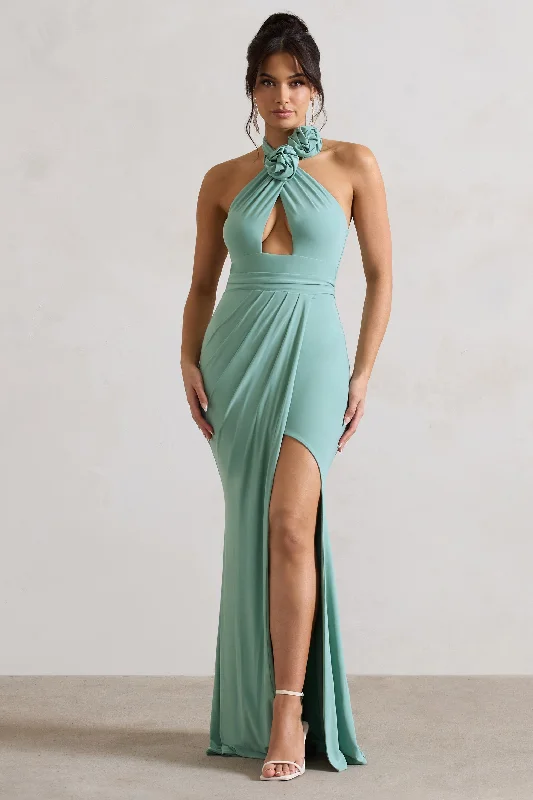 Kira | Sage Halter-Neck Cut-Out Split Maxi Dress With Flowers Trendy V-Neck Maxi Dress Kira | Sage Halter-Neck Cut-Out Split Maxi Dress With Flowers Trendy V-Neck Maxi Dress