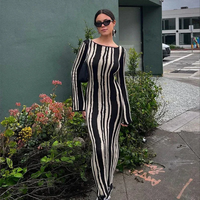Knitted Long Sleeve Maxi Dress Comfortable Bohemian Maxi Dress