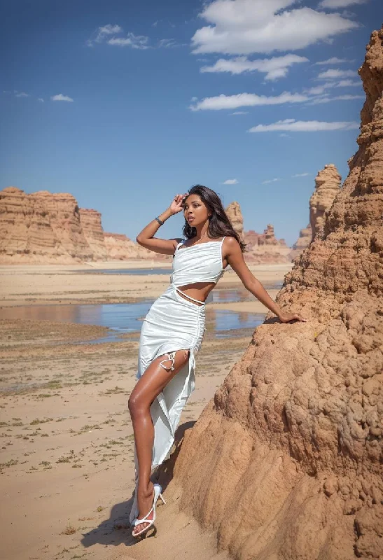 Island Chic White Maxi Dress: Asymmetric Drawstring Vacation Style Cozy Knitted Maxi Dress Island Chic White Maxi Dress: Asymmetric Drawstring Vacation Style Cozy Knitted Maxi Dress
