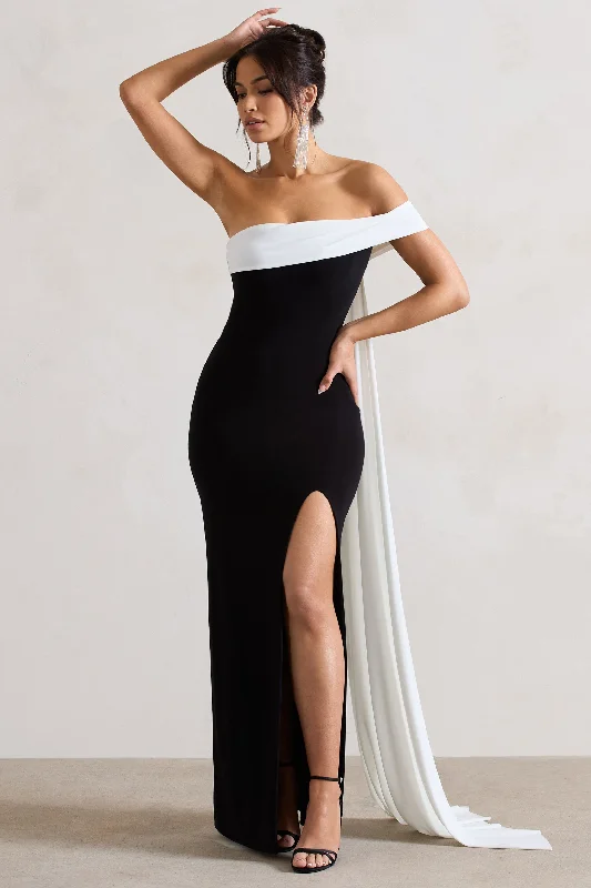 Legacy | Black & White Bardot Split Maxi Dress With Drape Trendy Button Front Maxi Dress Legacy | Black & White Bardot Split Maxi Dress With Drape Trendy Button Front Maxi Dress