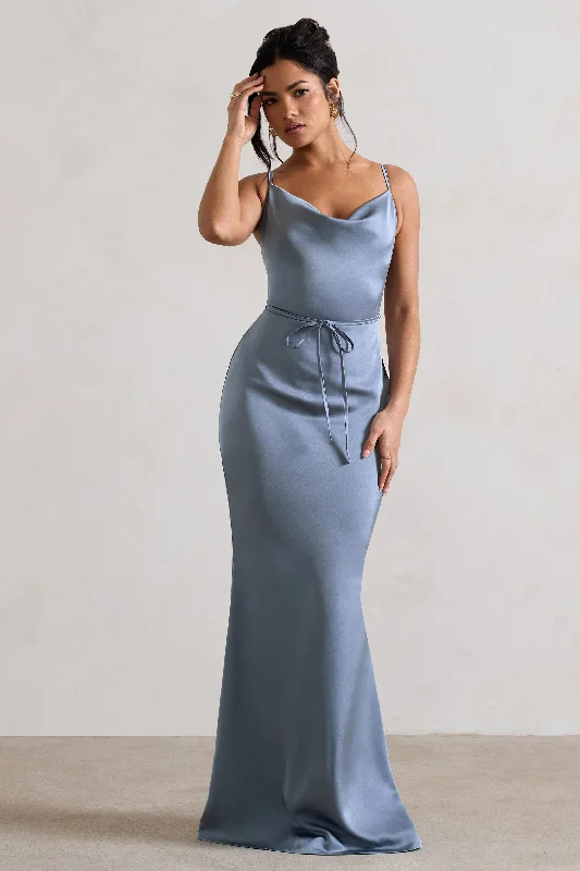 Lifetime | Slate Blue Satin Cowl Neck Maxi Dress With Cross Back Detail Fashionable Open-Back Maxi Dress Lifetime | Slate Blue Satin Cowl Neck Maxi Dress With Cross Back Detail Fashionable Open-Back Maxi Dress