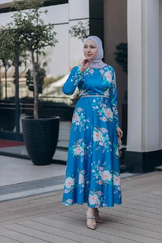 Leena satin maxi dress with long sleeve in blue Fashionable High-Low Maxi Dress