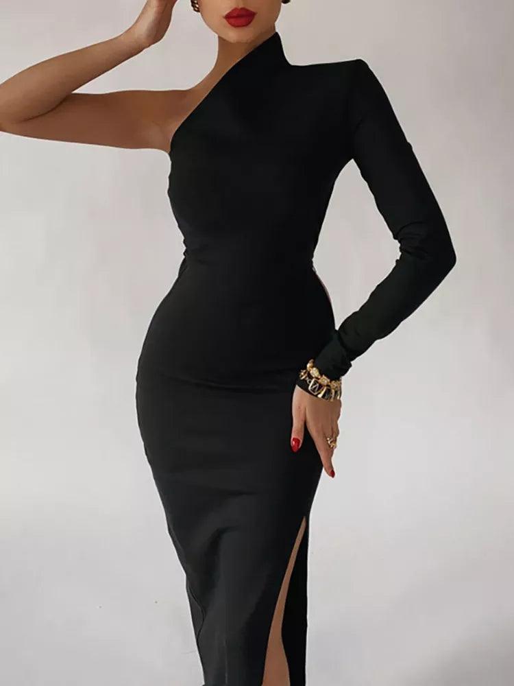 Elegant One-Shoulder Black Maxi Dress: Stylish Formal Evening Gown Elegant Maxi Dress with Pockets Elegant One-Shoulder Black Maxi Dress: Stylish Formal Evening Gown Elegant Maxi Dress with Pockets
