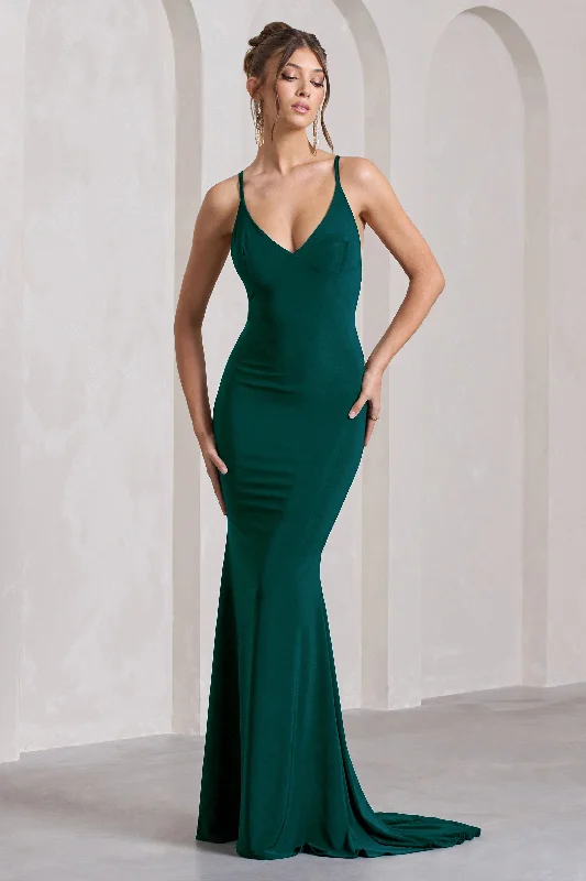 Lucky Number | Bottle Green Cross Back Fishtail Maxi Dress Comfortable Ruffle Maxi Dress Lucky Number | Bottle Green Cross Back Fishtail Maxi Dress Comfortable Ruffle Maxi Dress