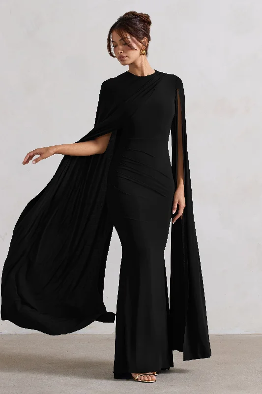 Magdelena | Black Asymmetric Cape Maxi Dress Trendy Short Sleeve Maxi Dress