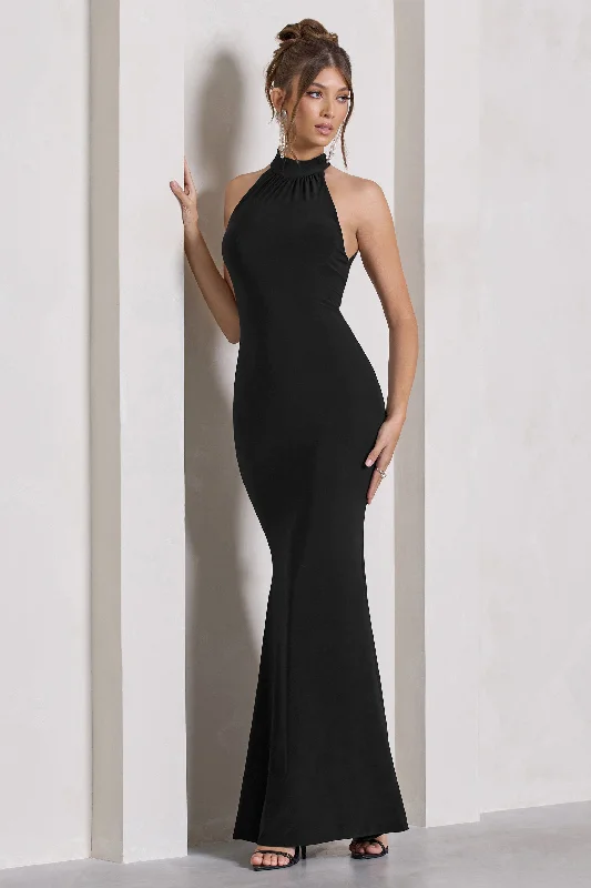 Malika | Black Sleeveless Halter-Neck Maxi Dress Comfortable Satin Maxi Dress
