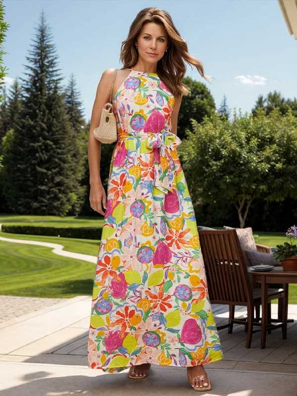 MeiMei Printed Grecian Neck Maxi Dress Elegant Lace Maxi Dress
