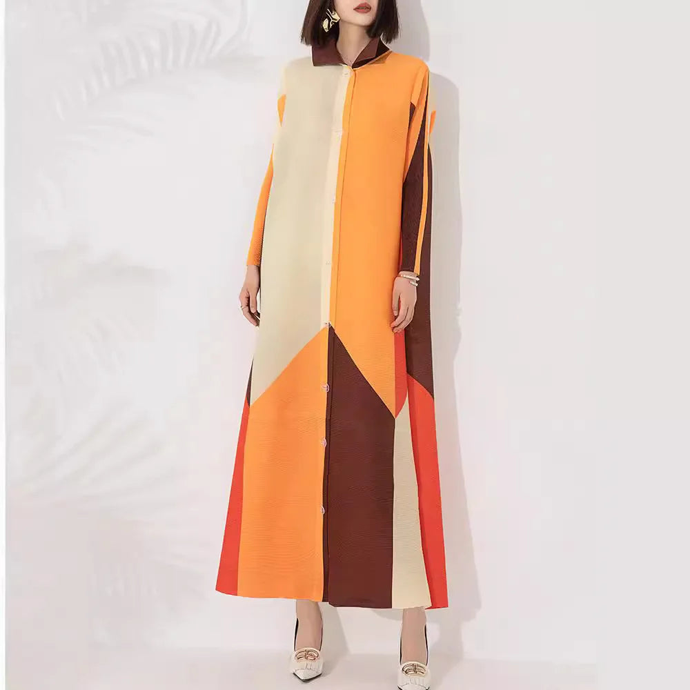 Miyake Pleated Color Block Maxi Dress Comfortable Long-Sleeve Maxi Dress