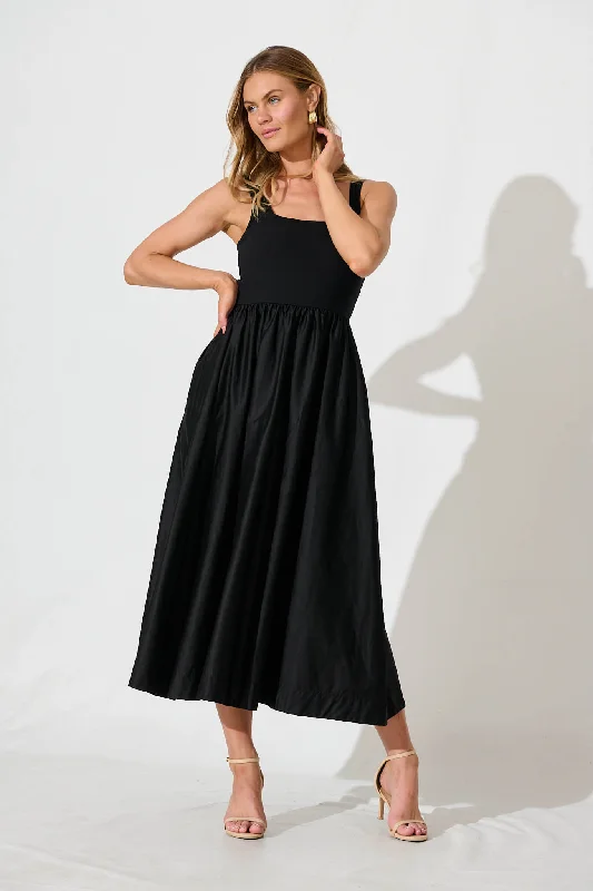 Momentum Maxi Dress In Black Cotton Sateen Chic Sleeveless Maxi Dress