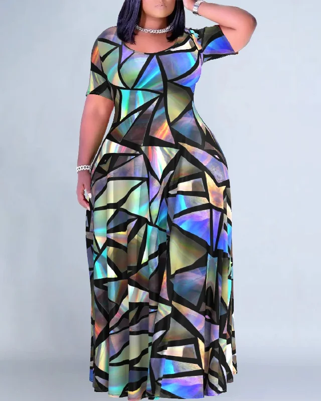 Multicolor Mirror Sequin Print Round Neck Short Sleeve Maxi Dresses Fashionable Button-Down Maxi Dress Multicolor Mirror Sequin Print Round Neck Short Sleeve Maxi Dresses Fashionable Button-Down Maxi Dress