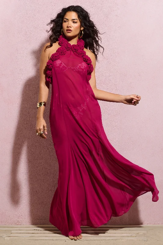 Naelya | Dark Pink Chiffon Halter-Neck Maxi Dress With Corsages Elegant Floral Maxi Dress Naelya | Dark Pink Chiffon Halter-Neck Maxi Dress With Corsages Elegant Floral Maxi Dress