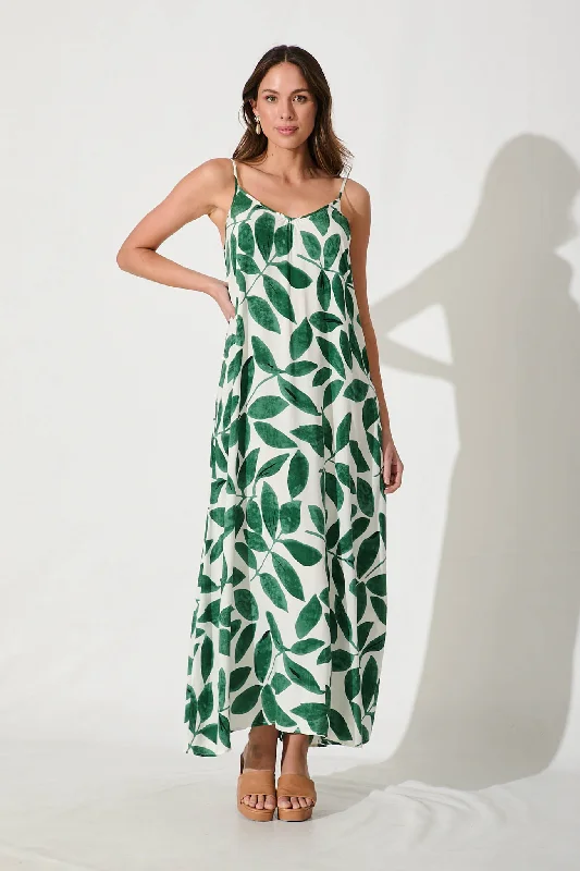 No Scrubs Maxi Dress In Cream With Green Leaf Print Fashionable Asymmetrical Maxi Dress