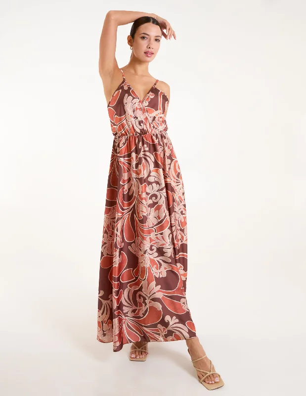 Paisley Printed Satin Wrap Maxi Dress Trendy V-Neck Maxi Dress