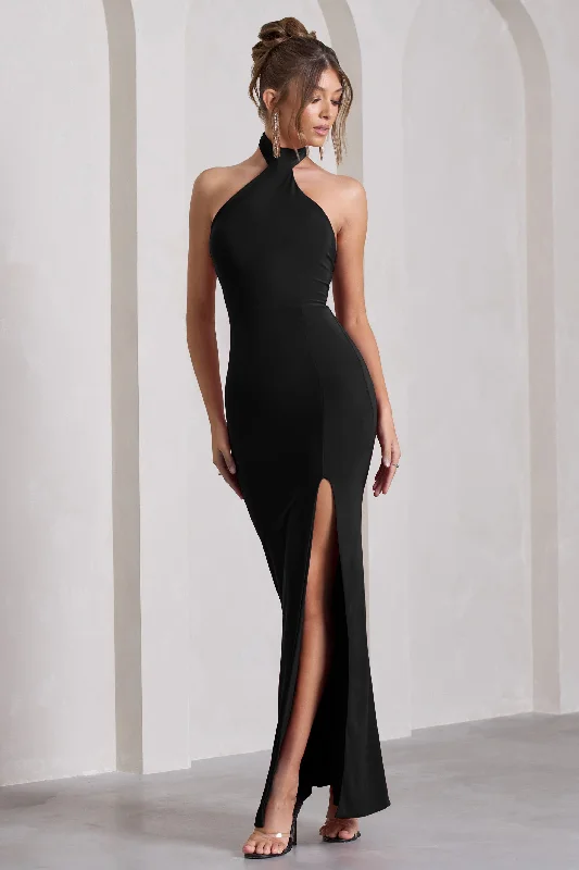 Pamela | Black Halter-Neck Sleeveless Split Maxi Dress Cozy Maxi Dress with Slit