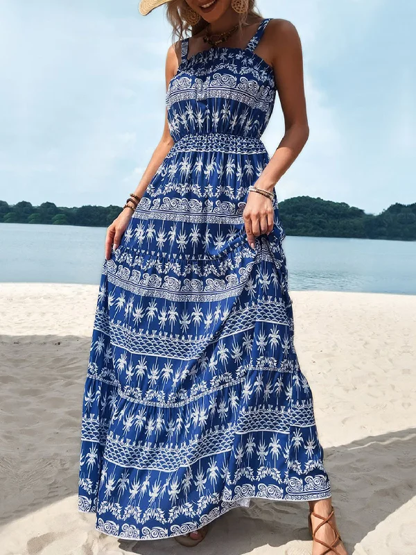 Perfee Printed Square Neck Sleeveless Maxi Dress Elegant Silk Maxi Dress