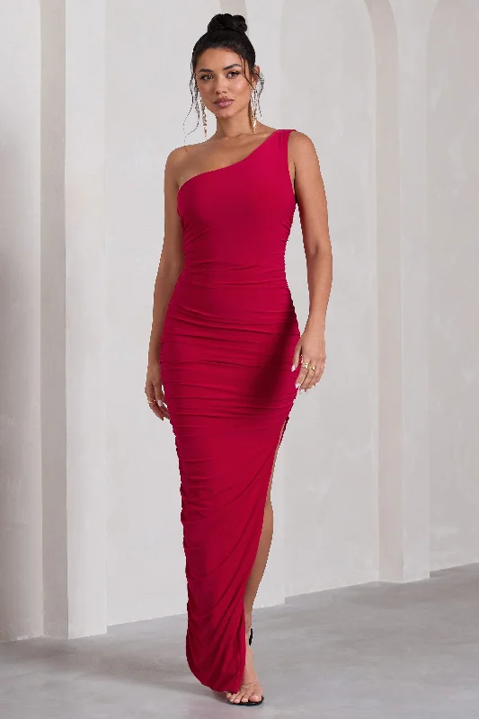 Persia | Red One Shoulder Side Split Ruched Maxi Dress Stylish One-Shoulder Maxi Dress