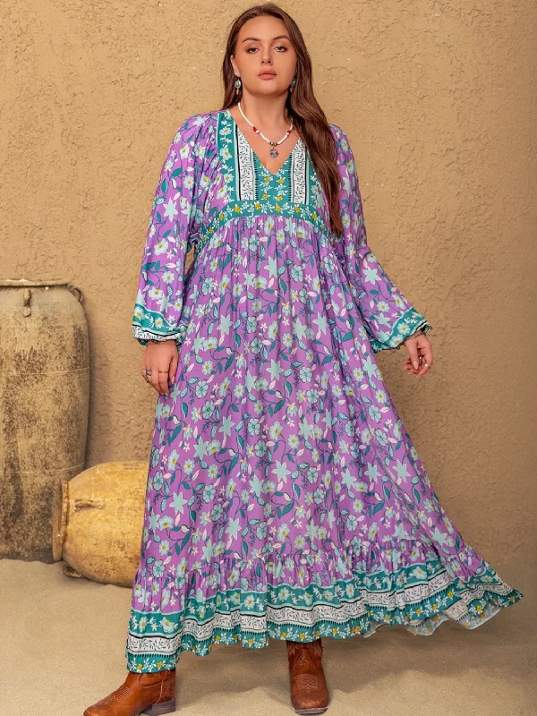 Plus Size Printed V-Neck Long Sleeve Maxi Dress Stylish A-Line Maxi Dress
