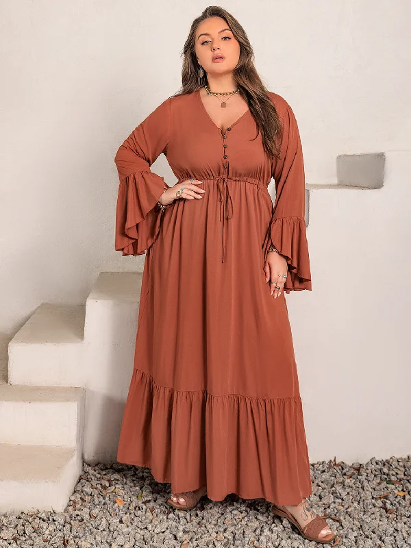 Plus Size V-Neck Flare Sleeve Maxi Dress Fashionable Maxi Dress with Fringe