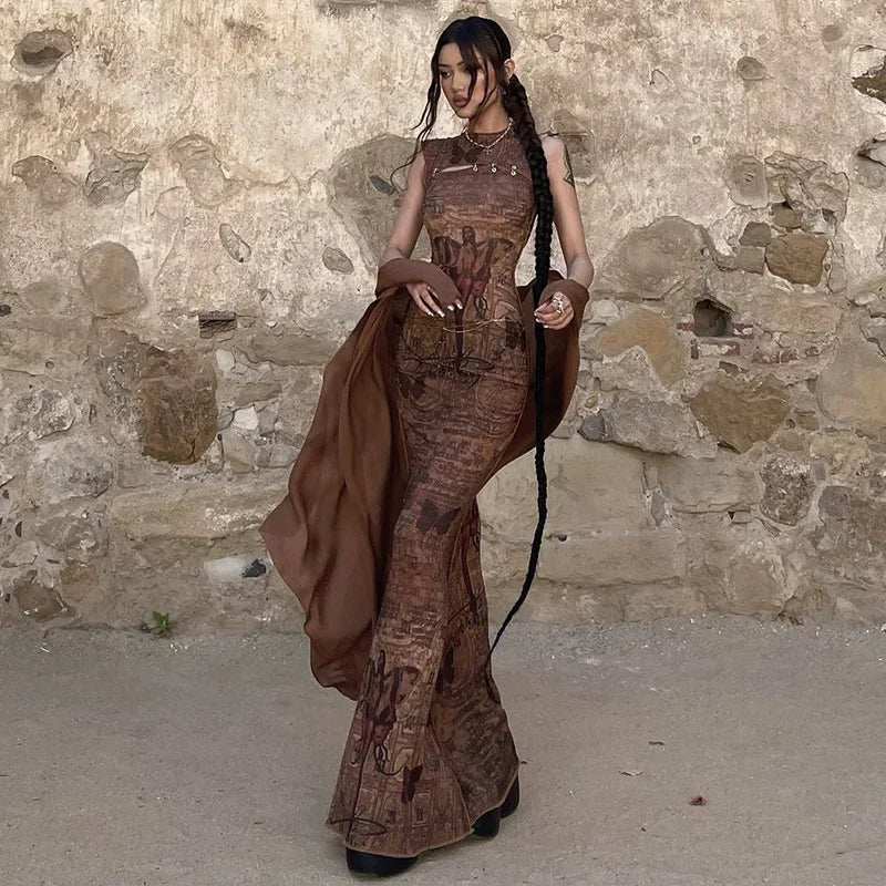 Print Sleeveless Bodycon Maxi Dress Cozy Spaghetti Strap Maxi Dress