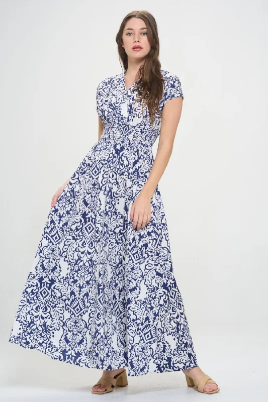 RENEE C Printed Smocked Waist Maxi Dress Trendy Floral Print Maxi Dress